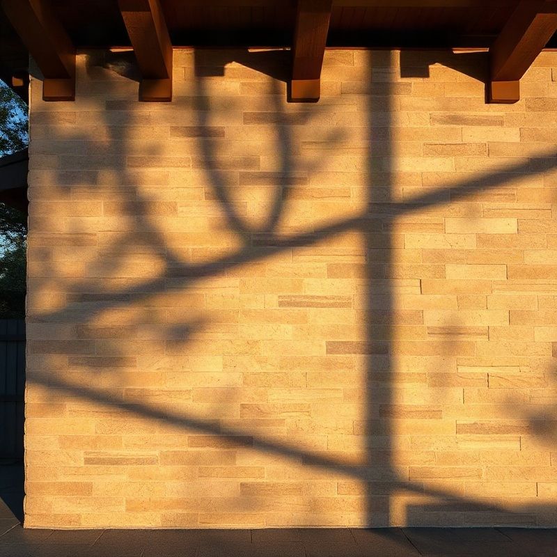 Fachada residencial en Salta revestida en cuarcita con sombras de la tarde